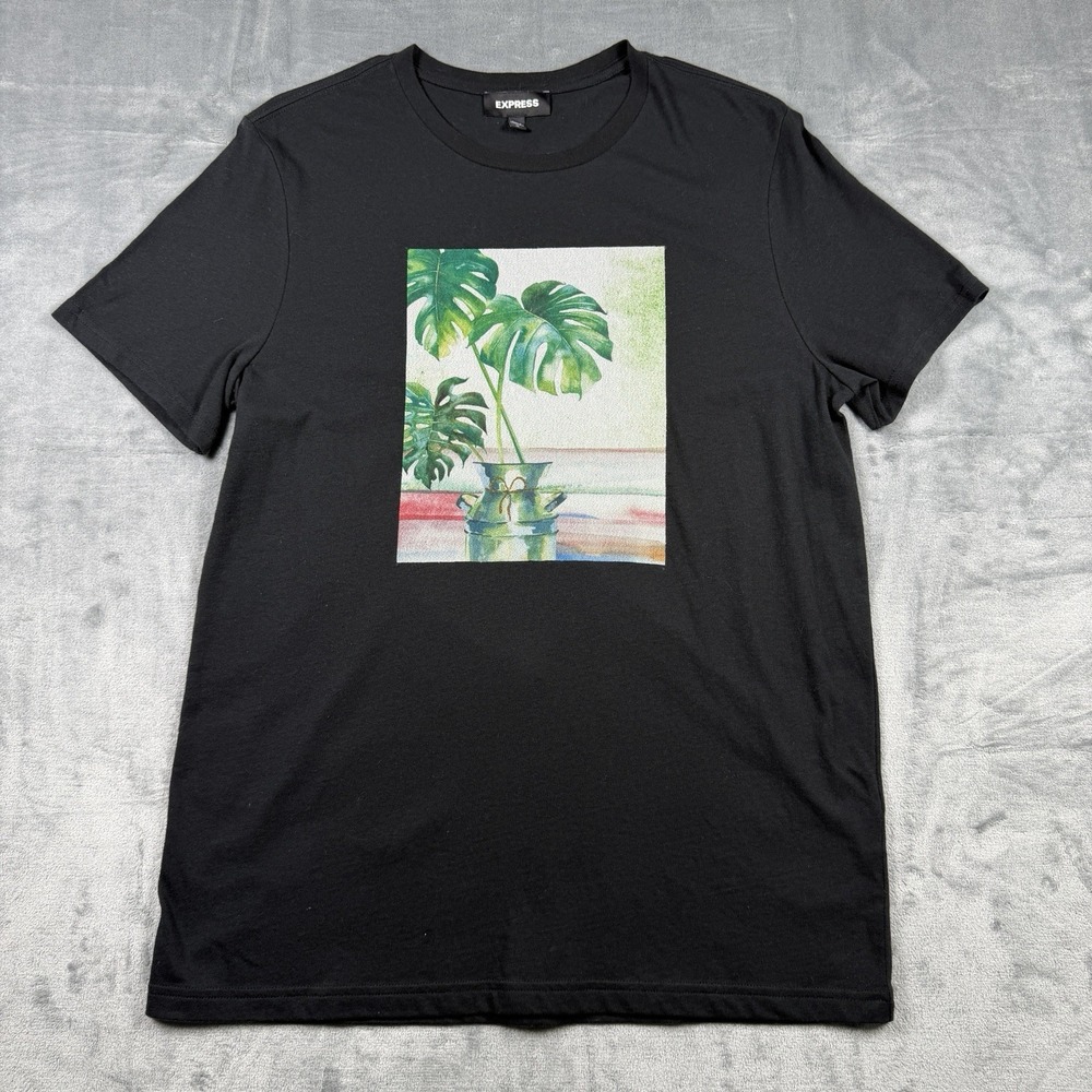 Express Mens Black Monstera Graphic T Shirt Crew Neck Medium - Picture 1 of 6